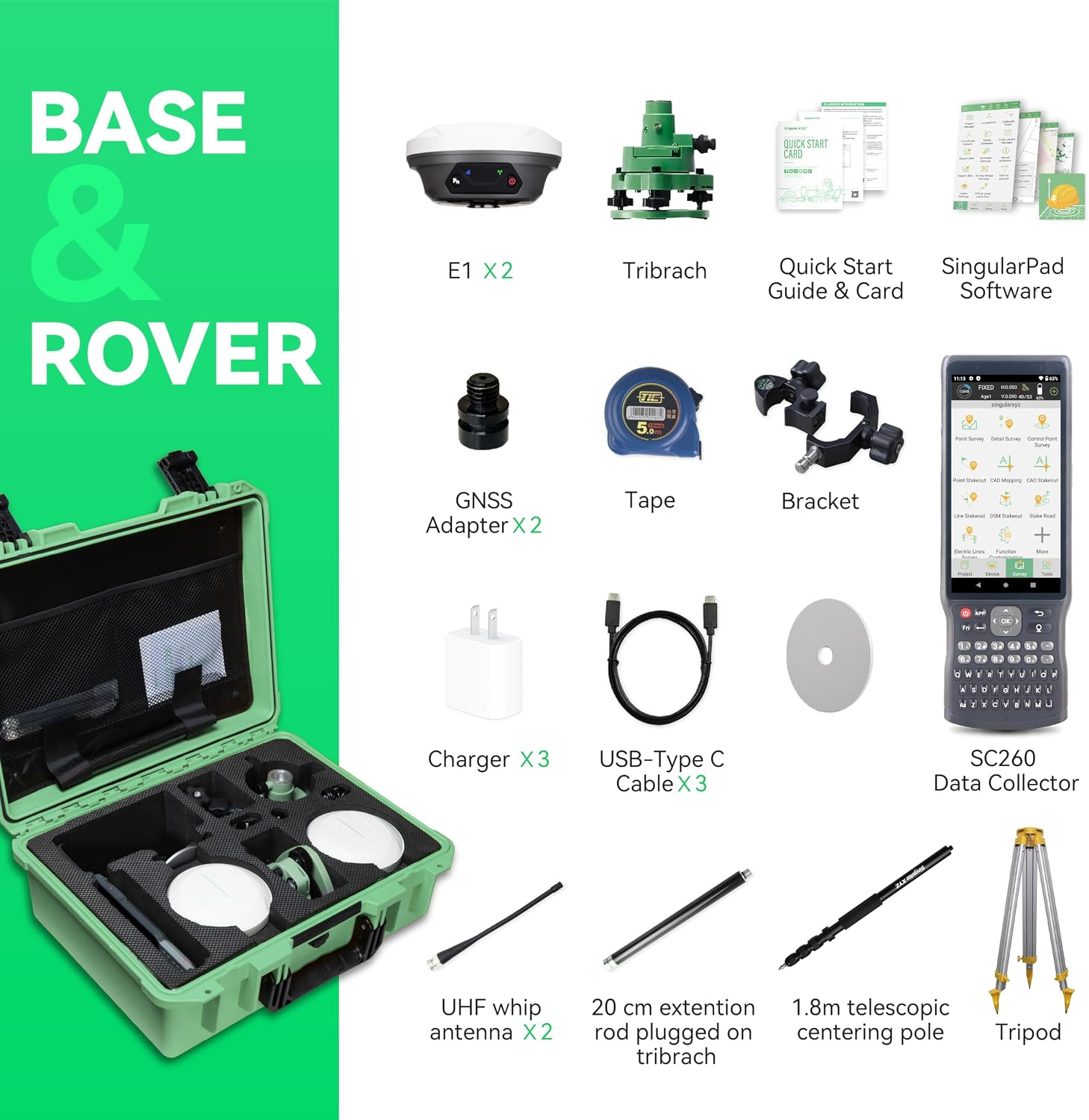 Contenido del paquete completo SingularXYZ E1 Base y Rover