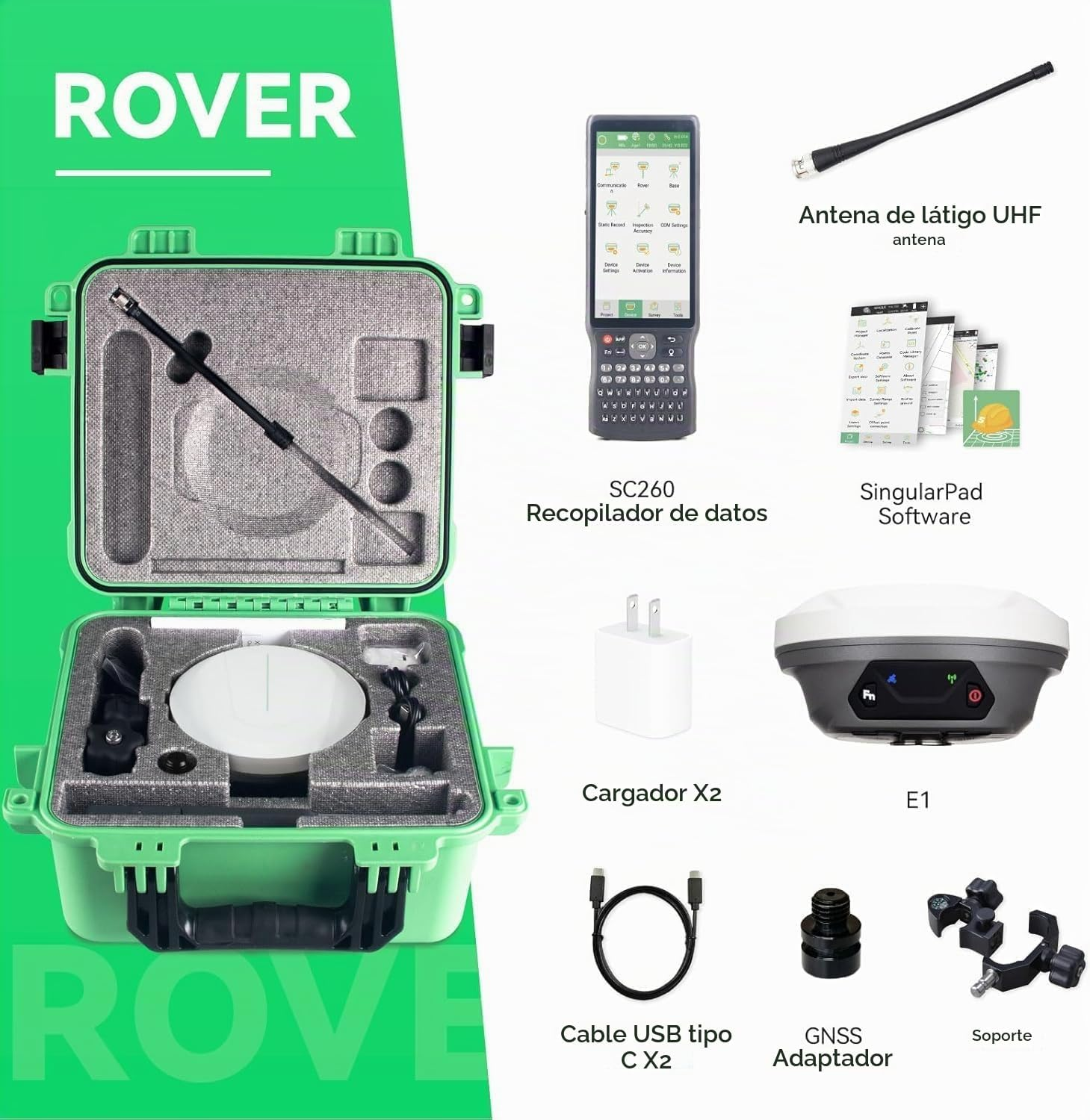 Contenido del paquete SingularXYZ E1 Rover individual con colectora SC260 y accesorios